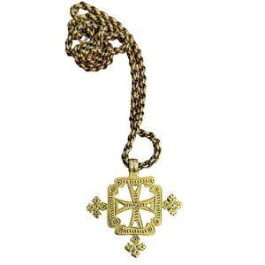 Alva Coptic Cross Statement Pendant Heavy Rope Chain Necklace Brass Gold Vintage